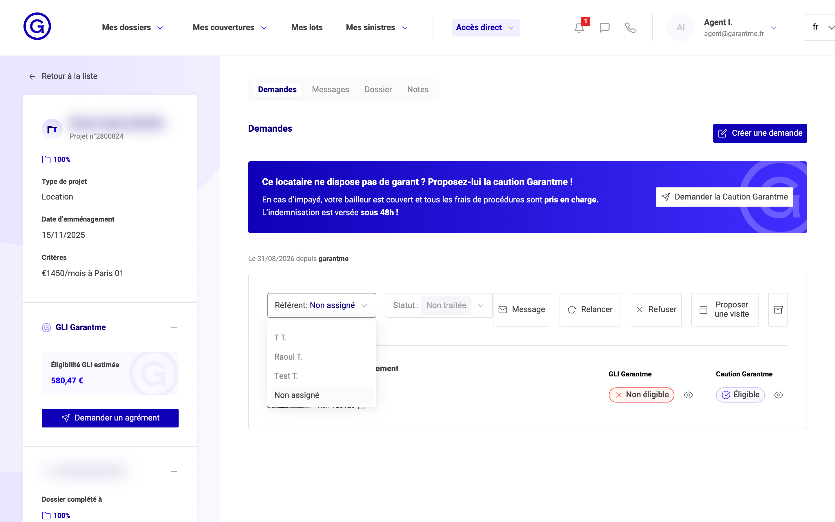 La liste « Référent » ouverte sur une demande, pour choisir un collaborateur