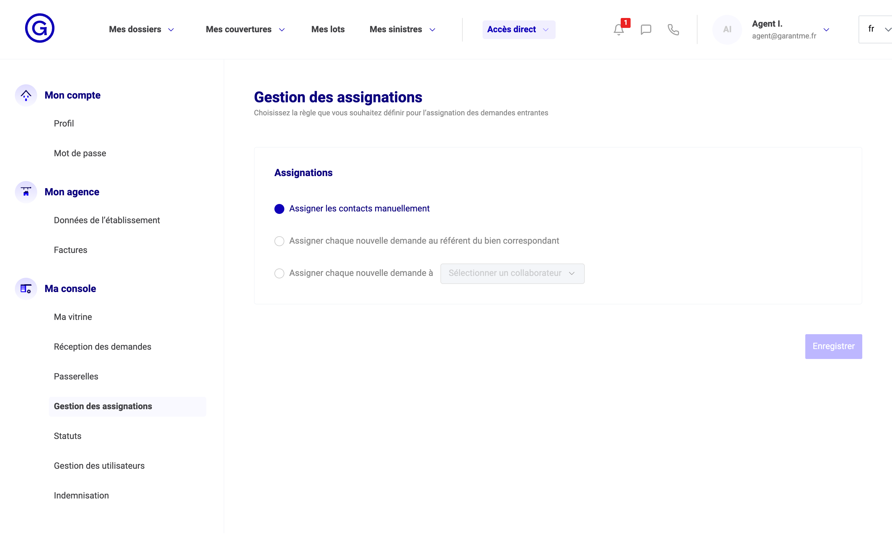 Écran Gestion des assignations dans les paramètres de la console Garantme