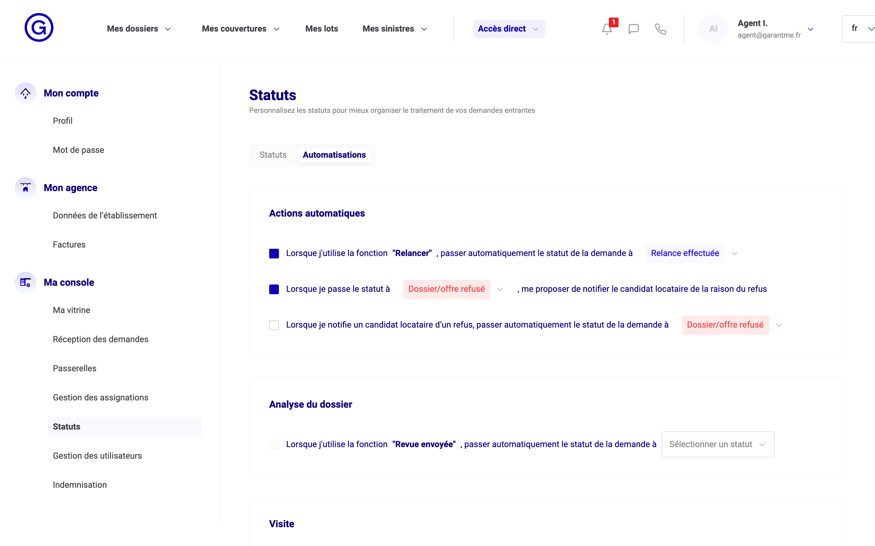 Onglet Automatisations : actions automatiques, analyse du dossier et visite