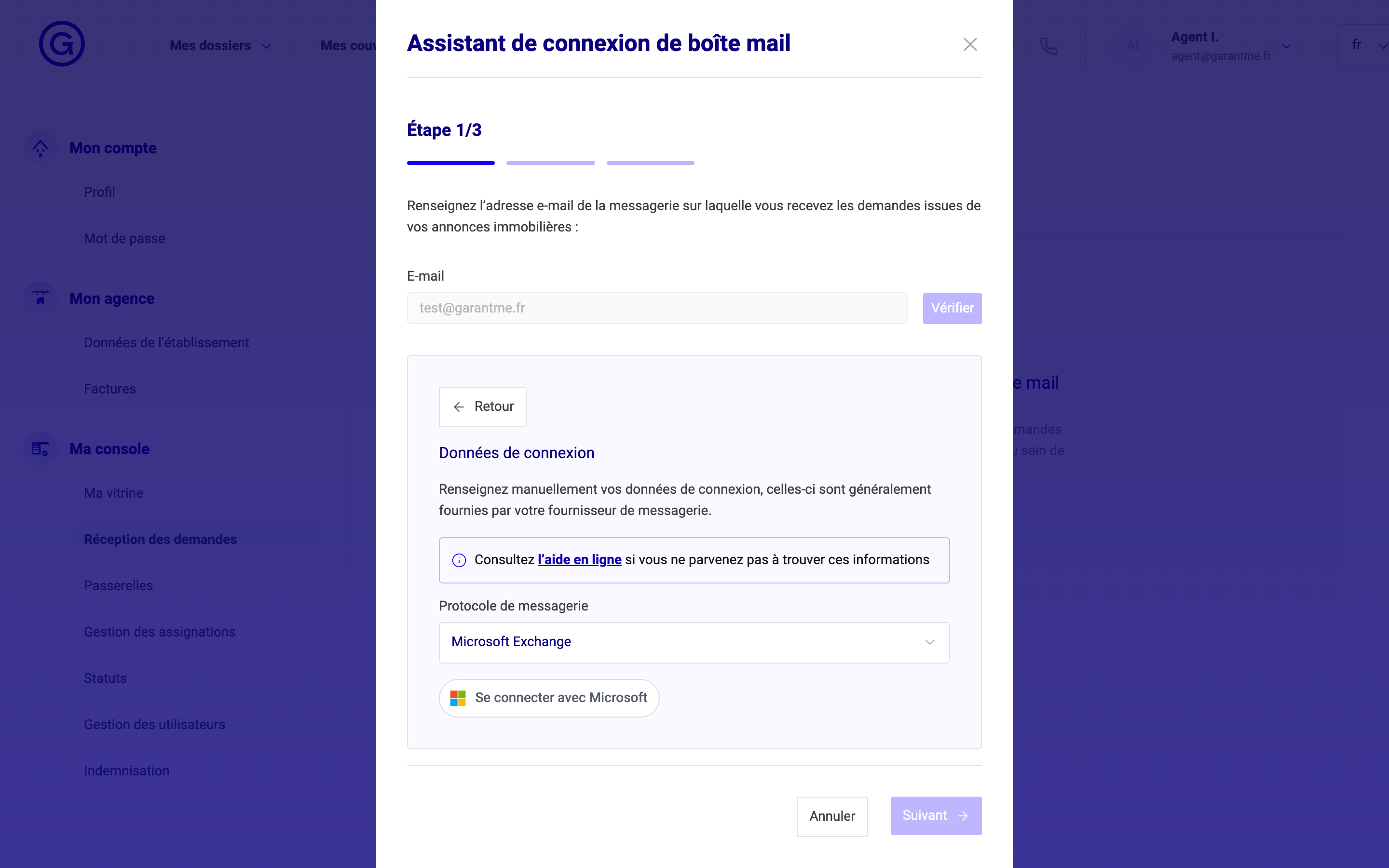 L'assistant avec le protocole Microsoft Exchange et le bouton « Se connecter avec Microsoft »