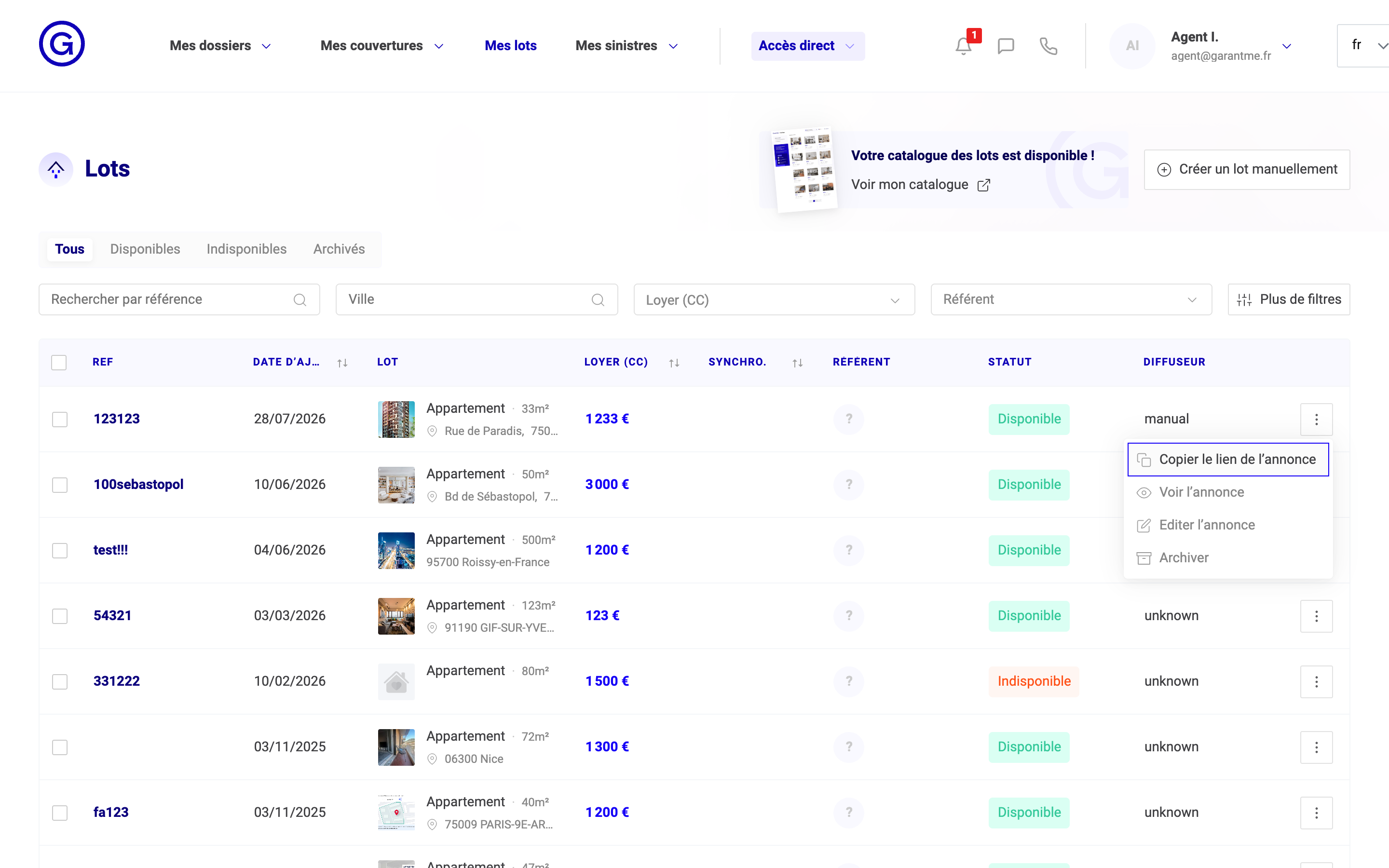 La liste Lots et le menu d'actions d'une ligne, avec « Editer l'annonce »