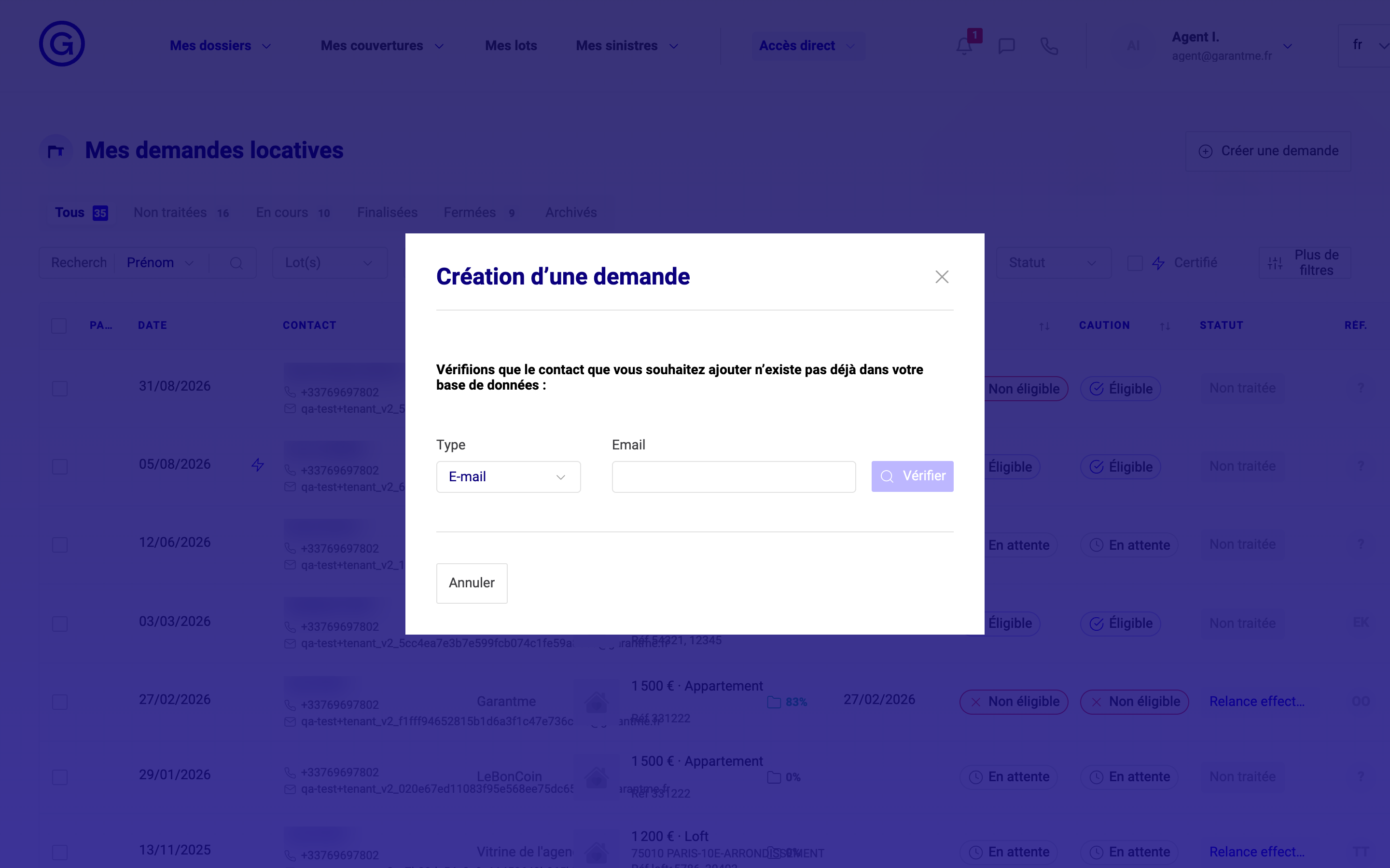 La fenêtre « Création d'une demande » et sa vérification de doublon