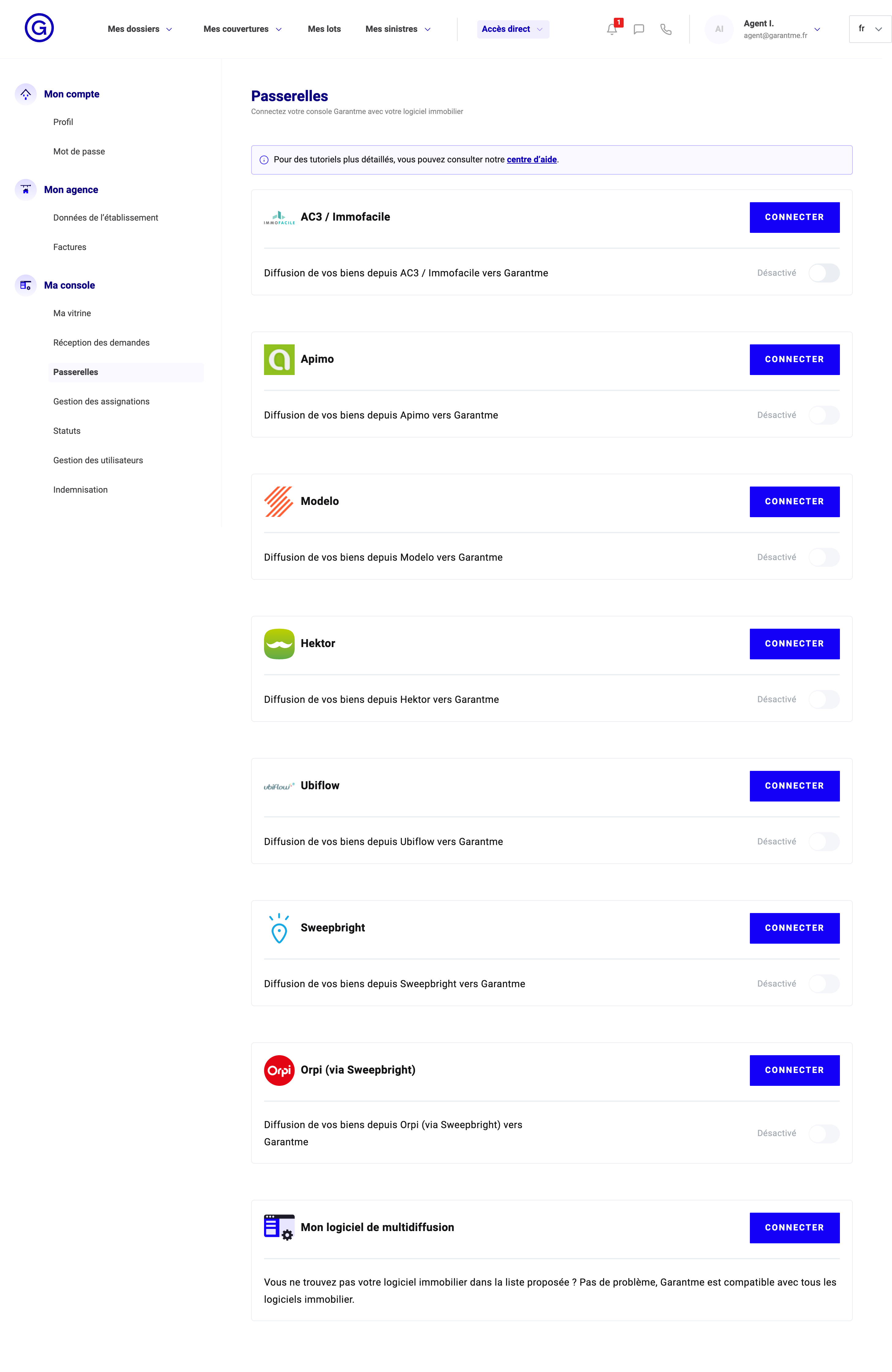 La page Passerelles et la carte Apimo