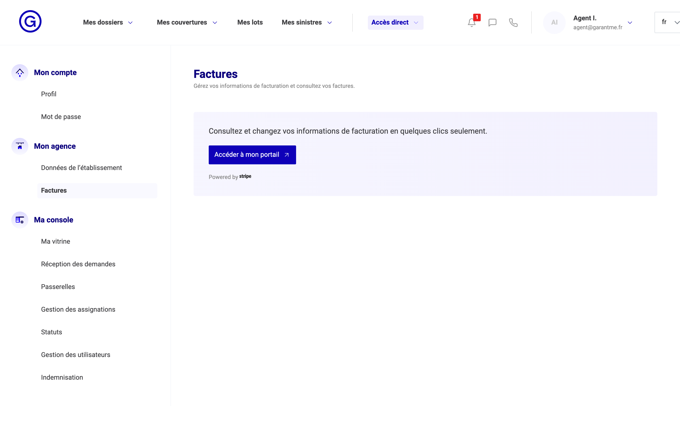 L'écran Factures et le bouton « Accéder à mon portail »