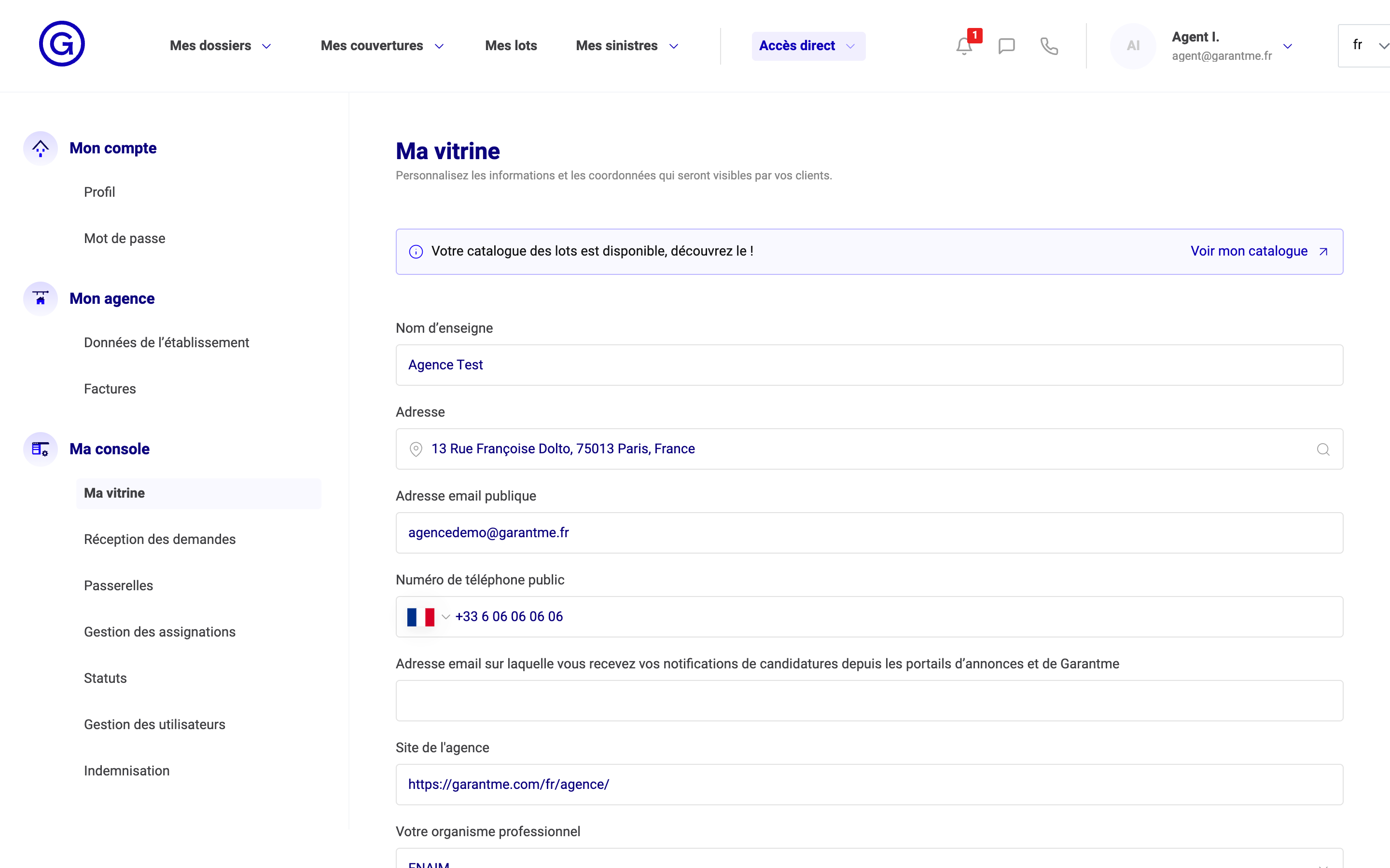 L'écran « Ma vitrine » dans les paramètres de la console Garantme