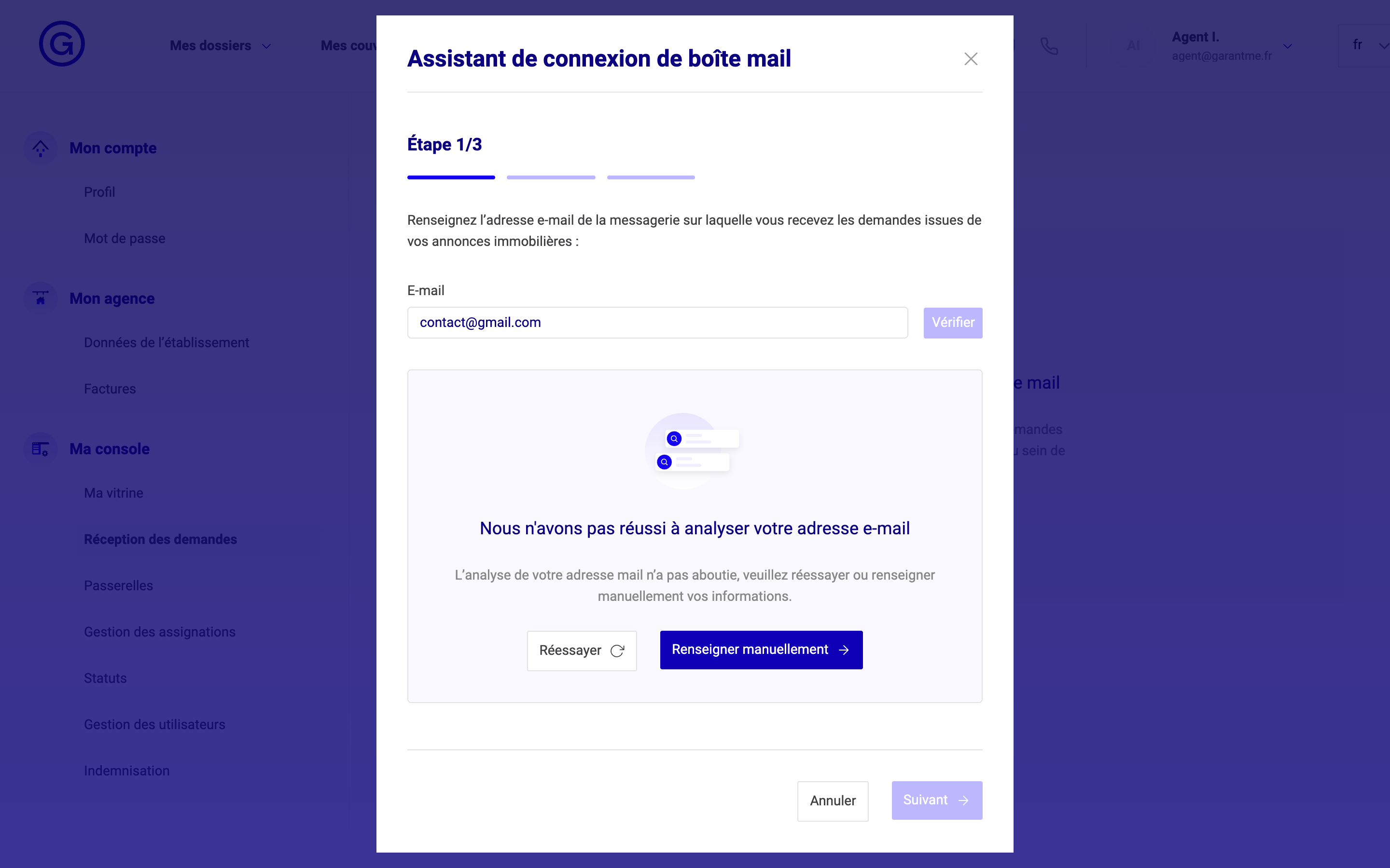 L'assistant n'a pas pu analyser l'adresse et propose Réessayer ou Renseigner manuellement