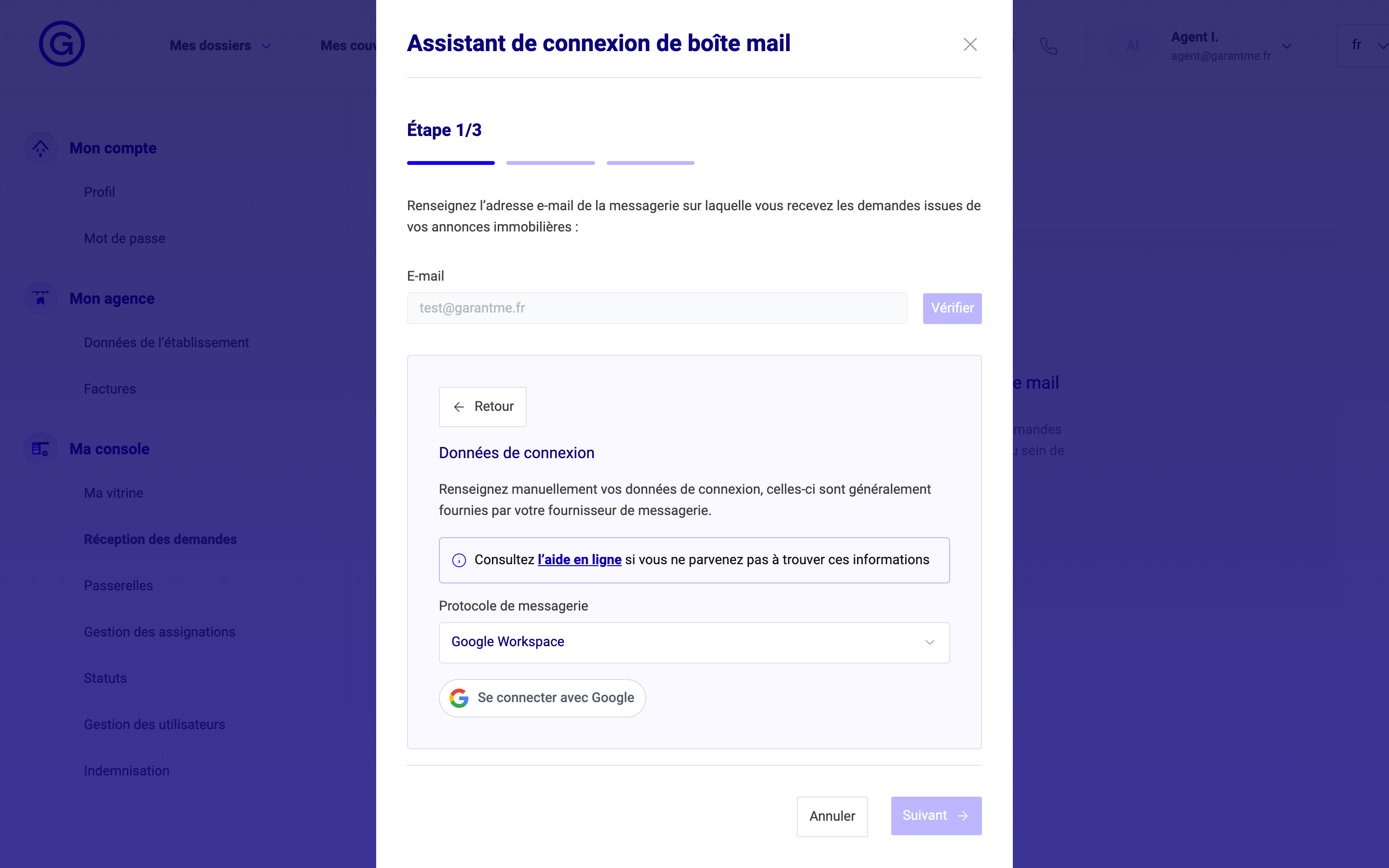 L'assistant affiche « Se connecter avec Google » une fois le protocole Google Workspace retenu